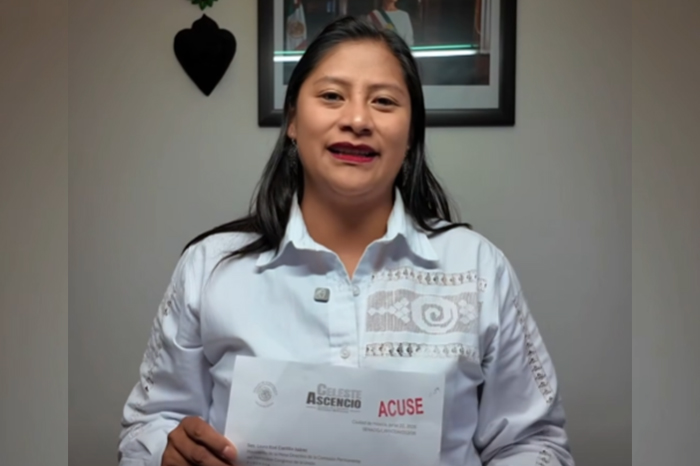 Senadora Celeste Ascencio anunciando su solicitud de licencia para contender por la gubernatura de Michoacán.