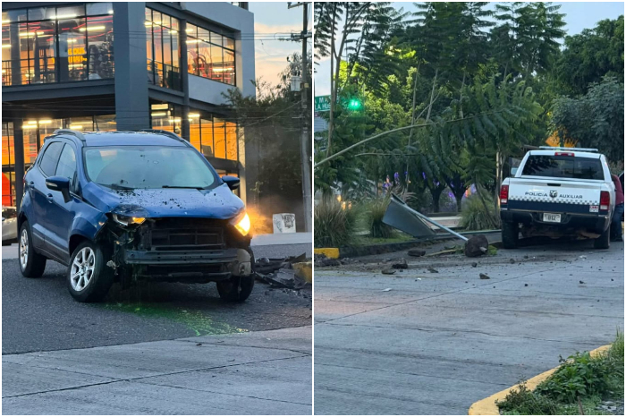Escena del accidente vehicular donde ocurrió el choque en el Libramiento Sur de Morelia entre un auto y una patrulla.