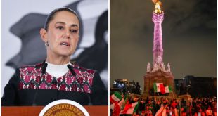 La presidenta Claudia Sheinbaum durante su conferencia matutina haciendo un llamado al orden durante los festejos del Mundial.