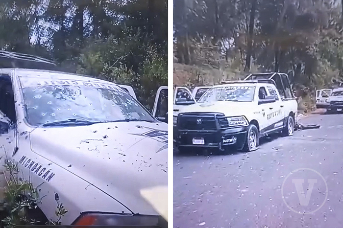 Patrullas con impactos de bala tras la emboscada en Nahuatzen..