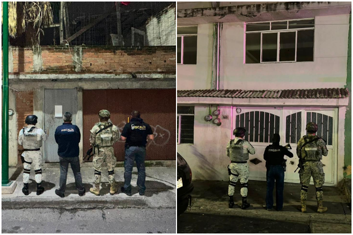 Agentes de investigación y fuerzas federales resguardando la zona mientras la Fiscalía General ejecuta tres cateos en Morelia.