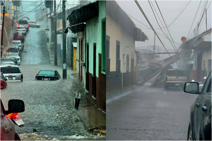 Calles inundadas y afectaciones viales causadas por la intensa tormenta eléctrica en Uruapan.