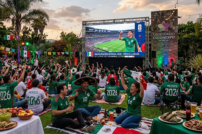 Pantalla gigante en el jardín del Orquidario de Ceconexpo para la transmisión del Mundial 2026 en Morelia.