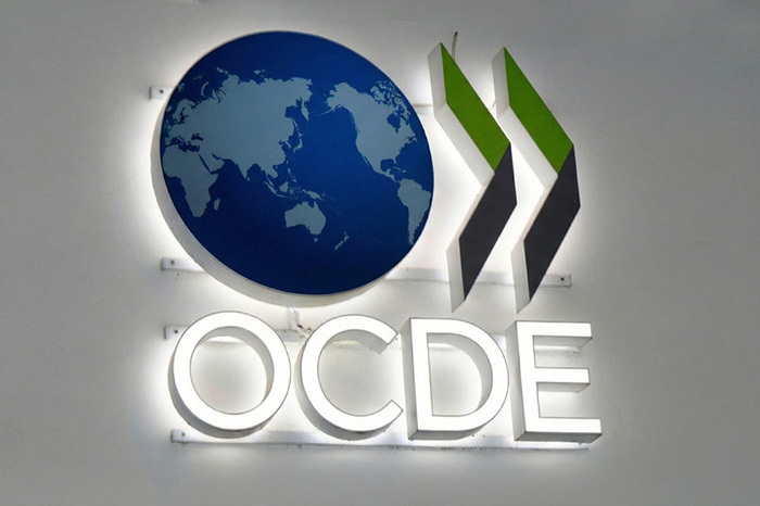 Logotipo iluminado de la organización durante la participación de México ante la OCDE.