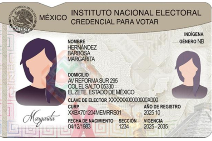 Muestra del nuevo modelo de la Credencial para Votar del INE con medidas de inclusión y género NB.