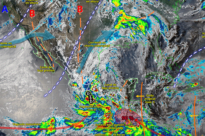 Mapa satelital o trayectoria de la Depresión Tropical Dos-E acercándose a las costas mexicanas del Pacífico.