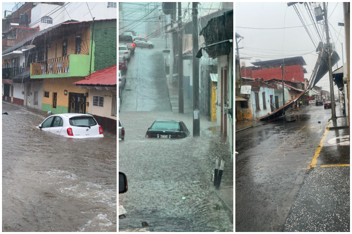 Personal de Protección Civil y Bomberos atendiendo calles inundadas en Uruapan tras la tromba.