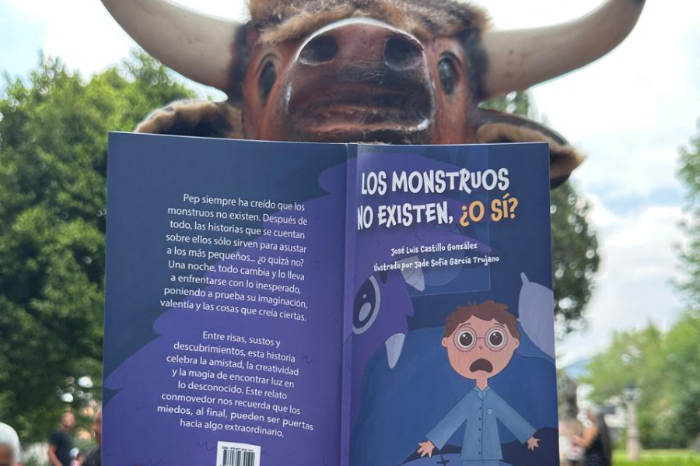 Ilustración de Jeudi el monstruo púrpura y Pep del libro infantil Los monstruos no existen o si