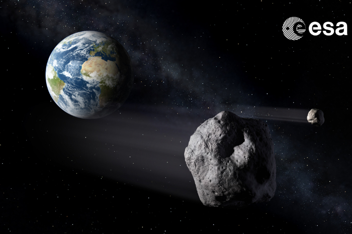Recreación artística de la misión espacial Ramses de la ESA acercándose a un asteroide.