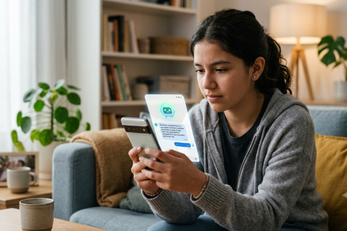 Joven de entre 16 y 24 años consultando ChatGPT en su teléfono móvil para gestionar el estrés y la ansiedad emocional.