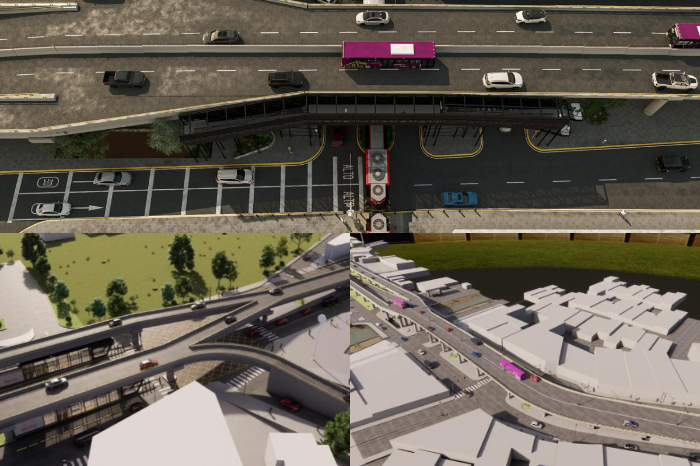 Render o plano del nuevo puente peatonal con rampas helicoidales en Tres Puentes Morelia