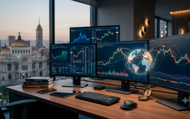 Pantalla de computadora mostrando análisis técnico y velas japonesas de trading