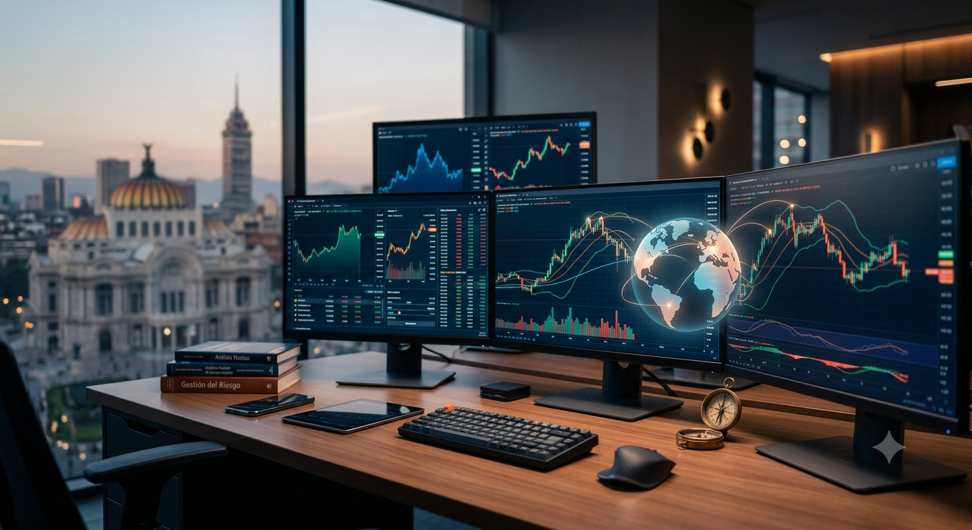 Pantalla de computadora mostrando análisis técnico y velas japonesas de trading