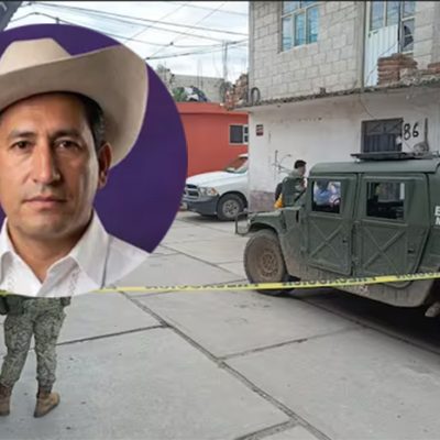 Autoridades resguardan la zona tras el asesinato del periodista Josué Martínez Contreras en San Martín Texmelucan, Puebla.
