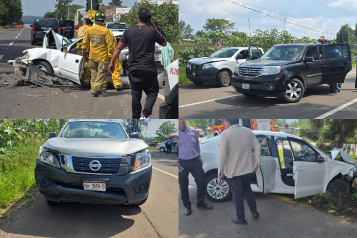 Servicios de emergencia atienden una carambola sobre la carretera Morelia-Pátzcuaro, a la altura de La Nueva Florida, donde una mujer falleció.