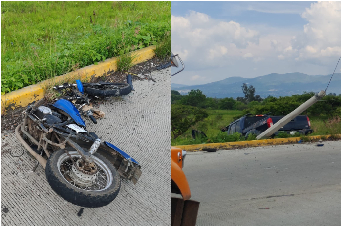 Zona del accidente en Villas del Pedregal donde una motocicleta quedó destrozada tras chocar con una camioneta