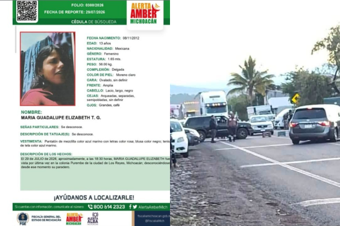 Familiares bloquean la carretera Los Reyes-Peribán para exigir la localización de una menor de 13 años desaparecida.
