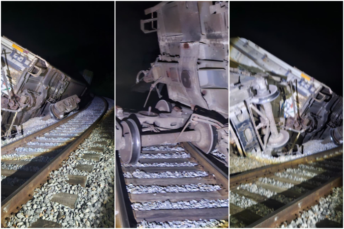 Locomotora y vagones del Tren Interoceánico tras el descarrilamiento ocurrido en la Línea Z, en Asunción Ixtaltepec, Oaxaca.