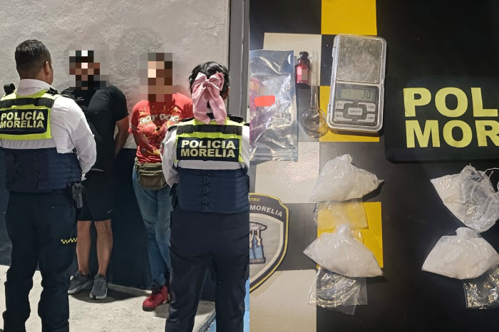 Elementos de Policía Morelia detuvieron a dos personas tras localizar presunta droga cristal en un vehículo de la colonia Centro.