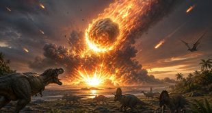 Representación del meteorito que impactó la Tierra hace 66 millones de años y provocó la extinción de los dinosaurios.