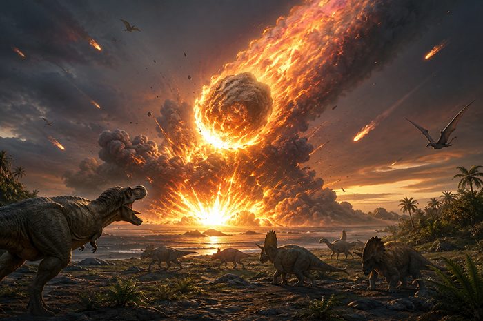 Representación del meteorito que impactó la Tierra hace 66 millones de años y provocó la extinción de los dinosaurios.