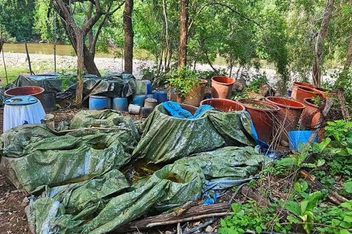 Elementos del Ejército Mexicano y Guardia Nacional aseguraron un narcolaboratorio con metanfetamina y precursores químicos en Carácuaro, Michoacán.
