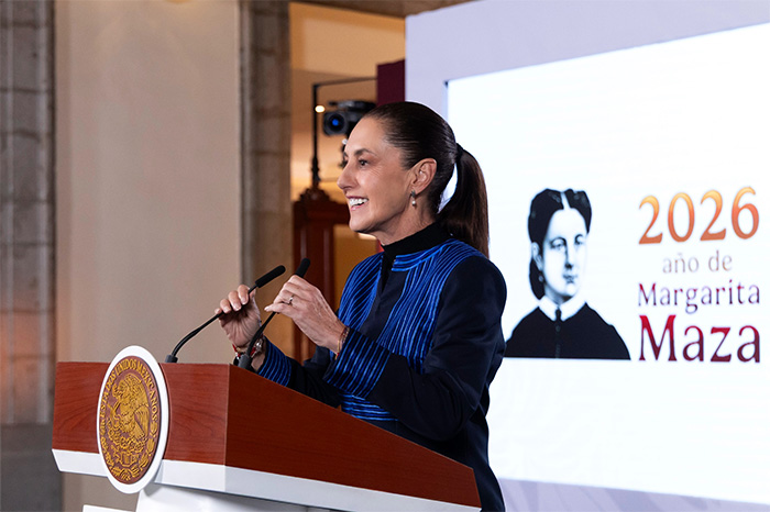 La presidenta Claudia Sheinbaum Pardo durante su conferencia matutina o mensaje oficial.