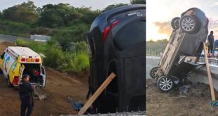 Camioneta cae a desnivel en obra de ampliación de autopista Siglo XXI; hay dos lesionados