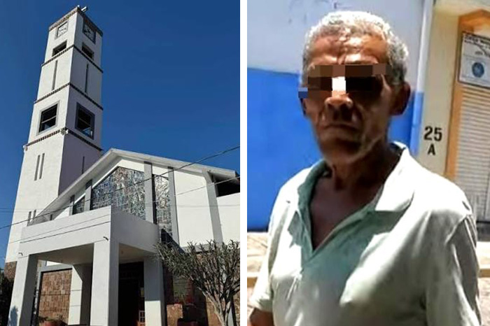 Acceso principal de una capilla urbana resguardada y el hombre que intentó prenderle fuego.