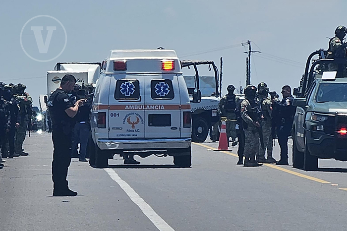 Unidades militares y vehículos oficiales resguardando una zona carretera tras un reporte de seguridad.