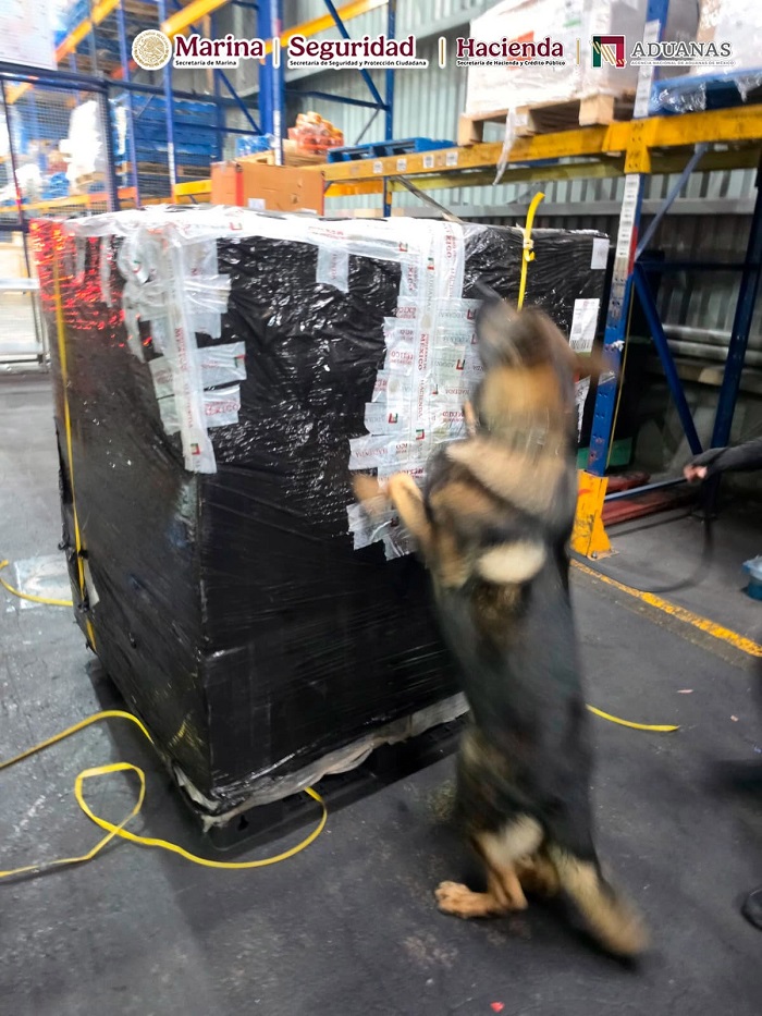 Personal de la Secretaría de Marina y de la Agencia Nacional de Aduanas inspeccionando cajas con cargamento de contrabando en la aduana del AICM.