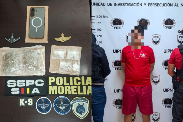 Elementos de Policía Morelia detuvieron a un joven con marihuana y cristal en la Plaza San Francisco.