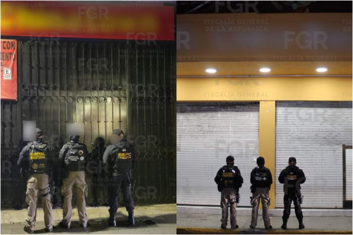 Elementos de la FGR durante cateos en Morelia donde aseguraron presunta mercancía pirata por delitos de falsificación de marcas.