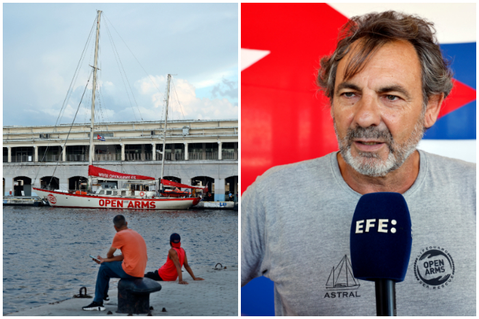 Óscar Camps, fundador de Open Arms, durante la llegada del velero Astral con ayuda humanitaria a La Habana, Cuba.