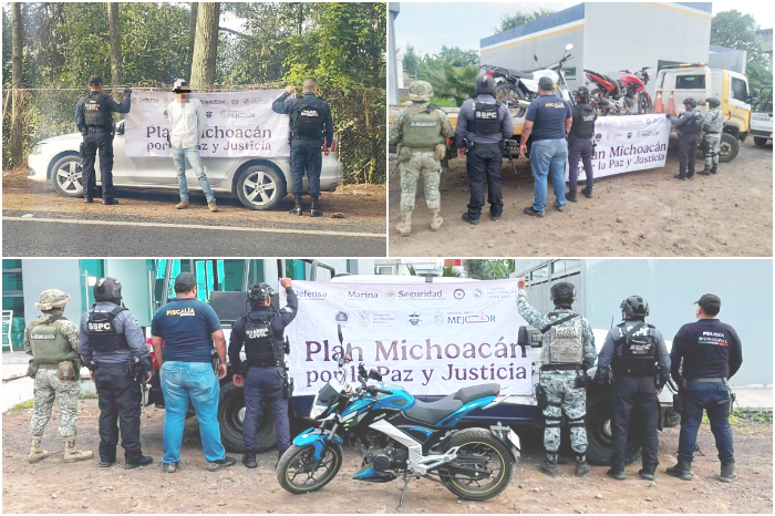 Vehículos y motocicletas recuperados durante operativos de seguridad realizados en Uruapan, Michoacán.