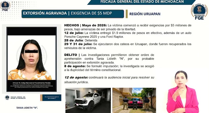Exigía 5 mdp y autos de lujo bajo amenaza de secuestro: detienen a Tania Lidieth "N" en Uruapan