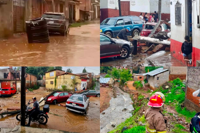 Calles inundadas y vehículos afectados tras la tromba registrada en Pátzcuaro, Michoacán.