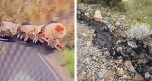 Elementos de emergencia atendiendo la volcadura de un tractocamión cisterna en una carretera de Sonora.