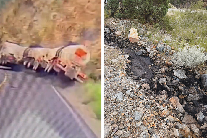 Elementos de emergencia atendiendo la volcadura de un tractocamión cisterna en una carretera de Sonora.
