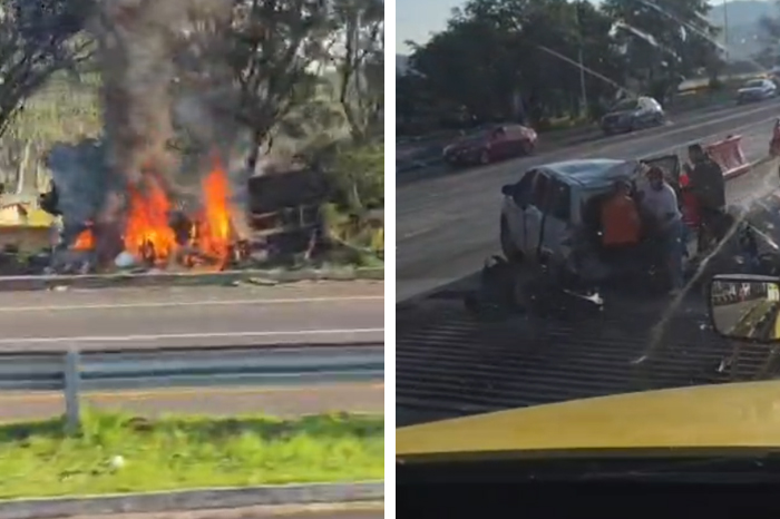 Tráiler incendiado y zona de peaje acordonada tras fuerte accidente en la caseta de Zinapécuaro.