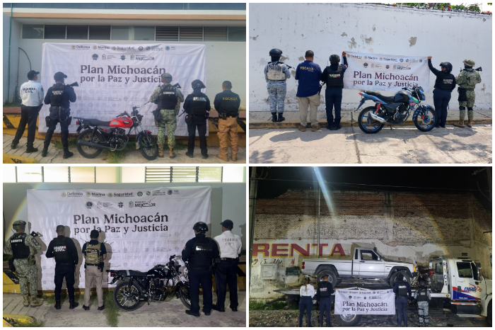 Elementos de corporaciones de seguridad federal y estatal durante labores de vigilancia y revisión en Michoacán.