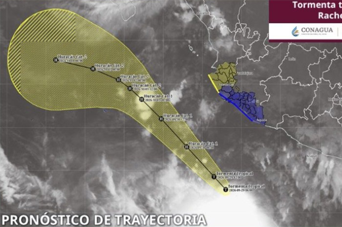 Mapa satelital de la ubicación y trayectoria de la tormenta tropical Rachel cerca de las costas de Michoacán.