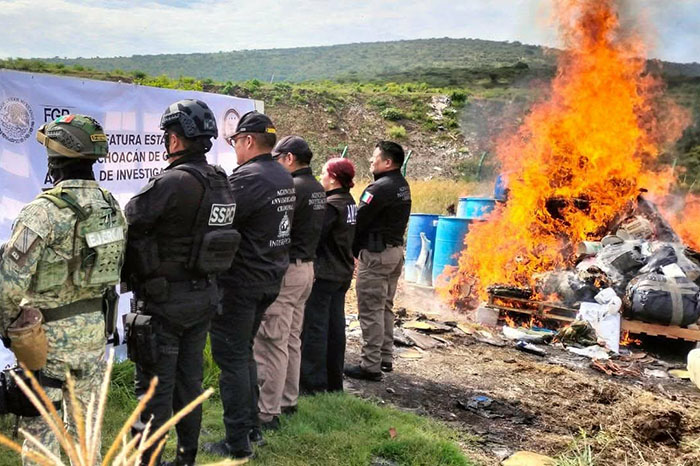 Autoridades destruyen droga y precursores químicos asegurados en Michoacán