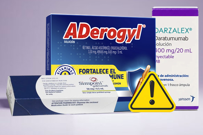 Medicamentos, cajas farmacéuticas y frascos de solución inyectable bajo control sanitario en México.