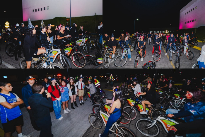 Ciclistas de la comunidad universitaria y familias participando en la Rodada Nicolaita en Morelia.