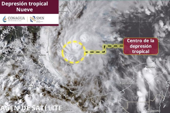 Mapa de trayectoria y formación de la depresión tropical en el Golfo de México emitido por el SMN.