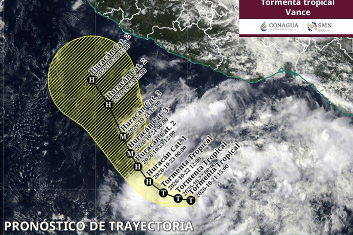 Gráfico con el pronóstico de trayectoria de la tormenta tropical Vance en el océano Pacífico.