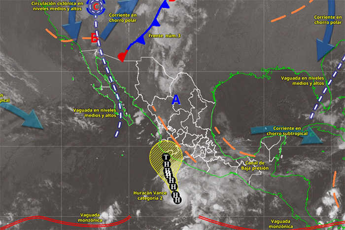 Gráfico del Servicio Meteorológico Nacional con la trayectoria prevista para el huracán Vance en el océano Pacífico.