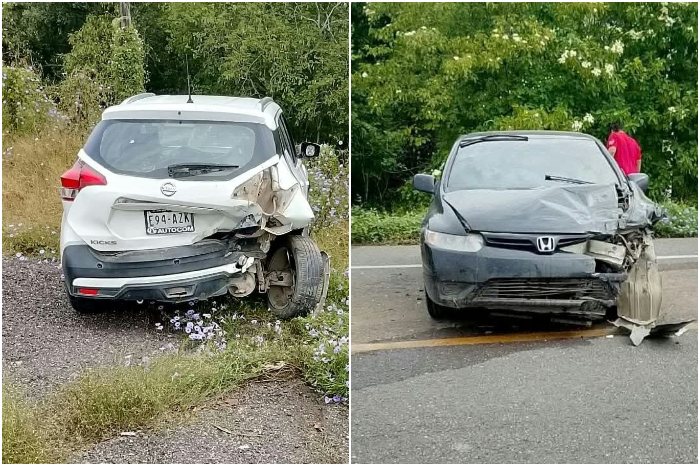 Automóviles involucrados en dos accidentes vehiculares registrados en carreteras del municipio de Huetamo, Michoacán.