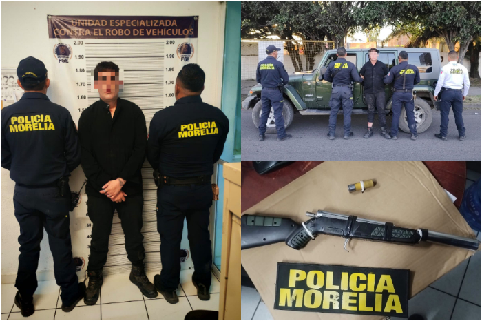 Policía Morelia detiene a un hombre con una escopeta y un Jeep con reporte de robo en Ampliación La Soledad.